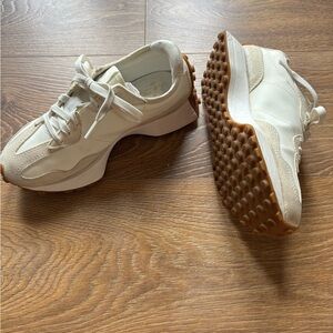 New Balance Classic 327 Cream and Tan Mixed Media Sneakers